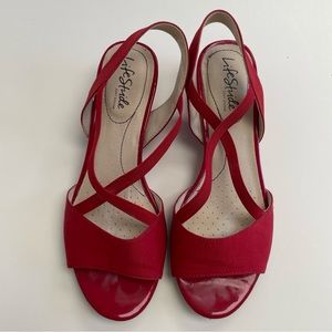 Life Stride Soft System fabric and patent wedge sandals